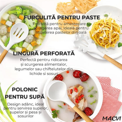 Set Ustensile Bucatarie Macvi® 19 Piese Silicon Termorezistent si Bambus, Cutite Inox, Suport Organizator Compact, Design Alb Elegant