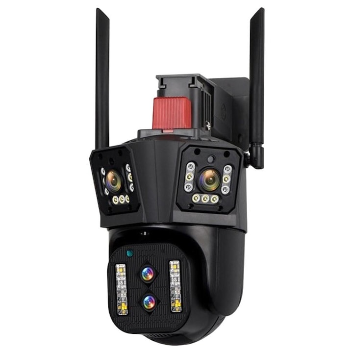 Camera Supraveghere WiFi Tripla Macvi® 4MP HD IP66 Rotire Inteligenta Zoom 4X Vedere Nocturna Color Audio Bidirectional Alarma