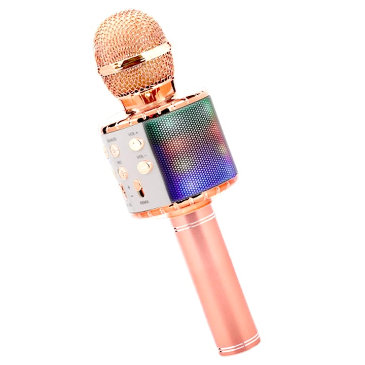 Microfon Karaoke Multifunctional pentru Copii, Teno®, boxa integrada, mod schimbare voce, stereo, slot card memorie/aux, lumini, rose gold