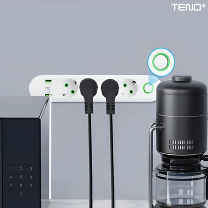 Prelungitor Teno®, 5 prize, 3 porturi USB, intrerupator, suport de agatare incorporat, rezistent la temperaturi inalte, universal, lungime 3 metri, alb