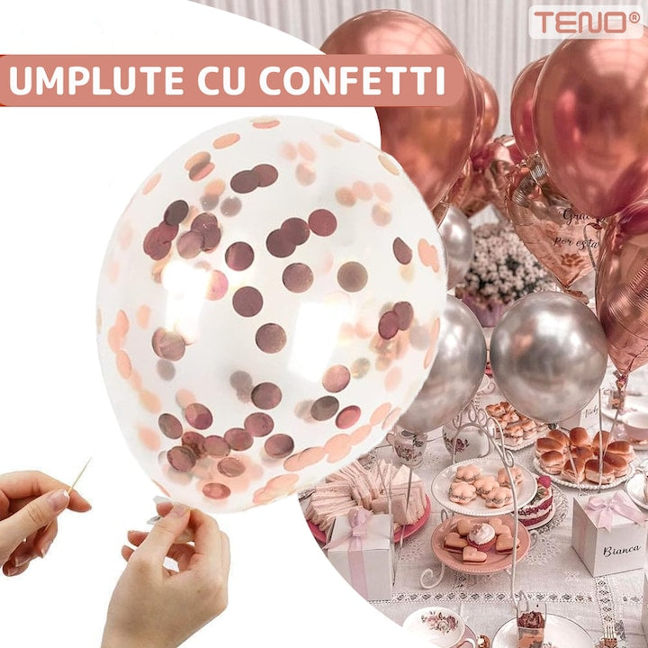 Set 48 Baloane Teno®, Confeti, Inimioara, pentru Petreceri/Aniversari/Evenimente, o singura dimensiune, 2 culori, latex, rose gold