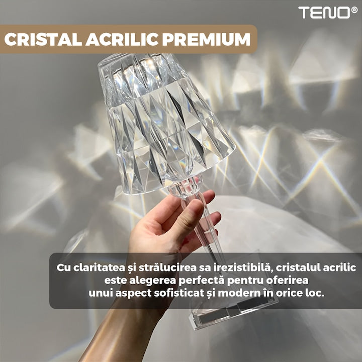 Lampa Ambientala Cristal LED Teno®, veioza, portabila, 3 moduri de iluminare, intensitate ajustabila, tactila, incarcare USB