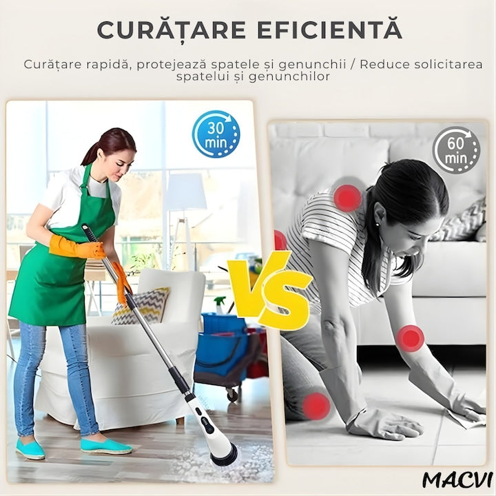 Perie electrica rotativa Macvi® 9 in 1 cu 9 capete interschimbabile, 2 viteze reglabile, wireless, IPX7, maner extensibil, autonomie mare, LED