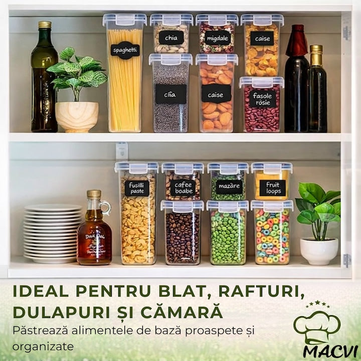 Set 28 organizatoare/recipiente Macvi® pentru depozitare alimentara, etanse, design minimalist, fara BPA, stocabile, cu etichete si lingurite incluse