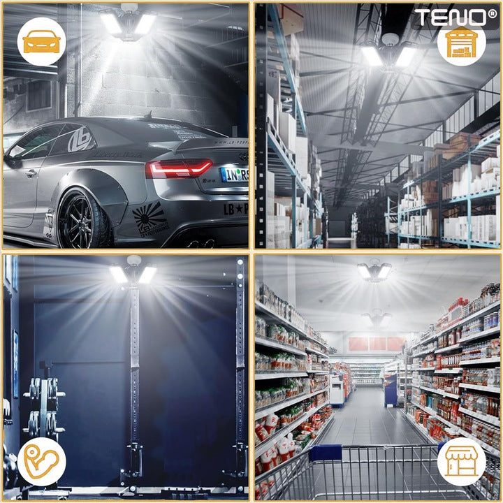 Lampa LED cu 3 Brate Mobile Teno®, 3 aripi pliabile, 36 LED-uri, flux luminos 3000LM, lumina alba rece 6000-6500K, bec iluminare pentru interior garaj/depozit/atelier, negru