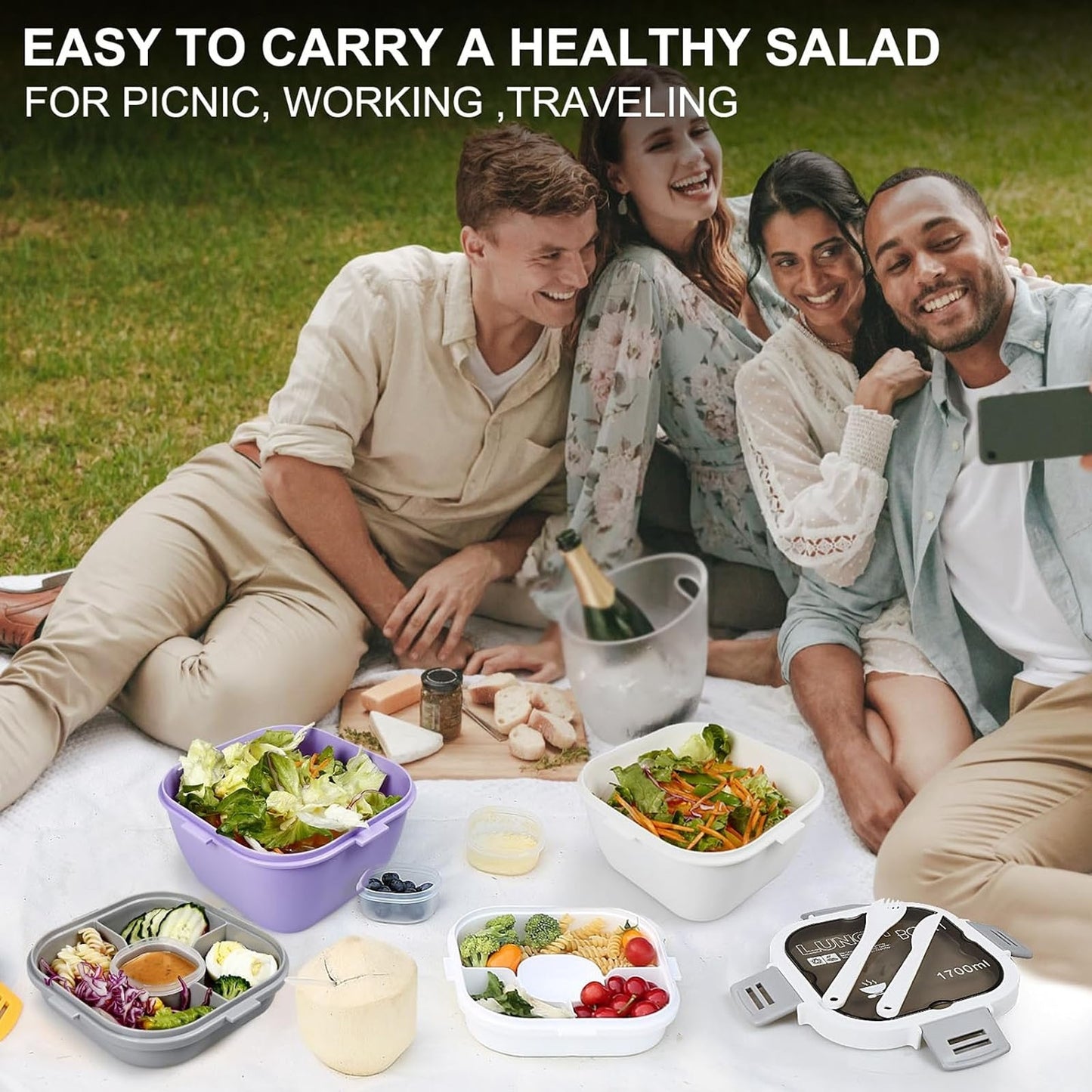 Caserola Alimentara Macvi® 1.7L cu 4 Compartimente si Recipient Sos Lunch Box BPA Free, Alb