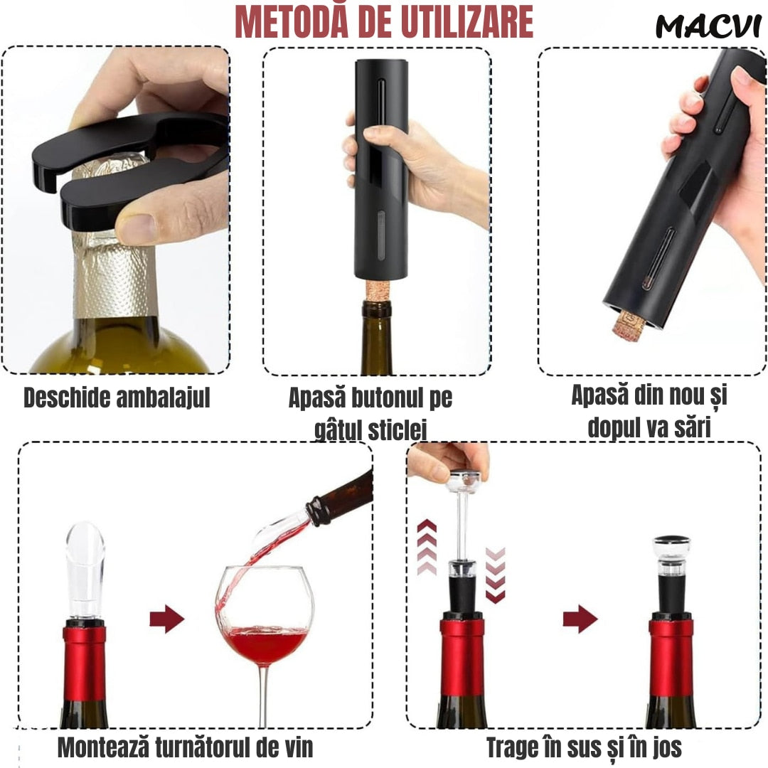 Set Electric Macvi® Deschizator de Vin 5-in-1, Cu baterii, Foil Cutter, Aerator, Dop Vacuum, Negru, Design Elegant si Portabil