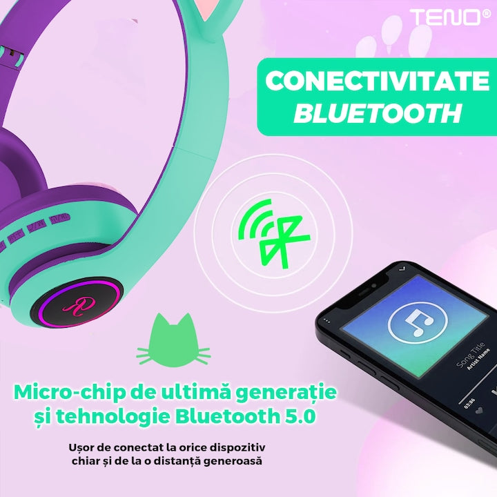 Casti Wireless Model Pisica Teno®, overear, urechi de pisica cu iluminare RGB, bluetooth 5.0, handsfree, HiFi, bass stereo, menta/mov