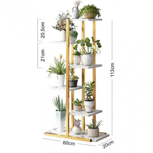 Suport ghivece flori si plante Macvi® cu 6 rafturi, design modern alb si maro, cadru metalic stabil, 113x60x20 cm, pentru interior si exterior