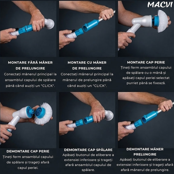 Perie Electrica de Curatare Macvi® cu 3 Capete Intersanjabile, 300 RPM, Acumulator Reincarcabil, Maner Telescopic - Ideala pentru Gresie, Faianta, Cada, Dus