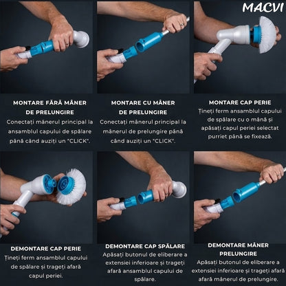 Perie Electrica de Curatare Macvi® cu 3 Capete Intersanjabile, 300 RPM, Acumulator Reincarcabil, Maner Telescopic - Ideala pentru Gresie, Faianta, Cada, Dus