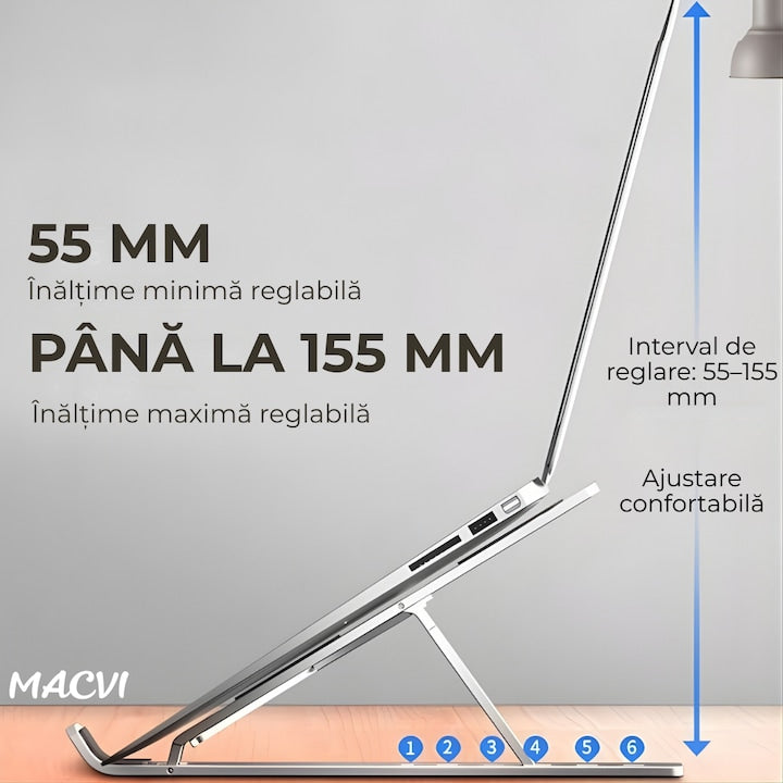Suport laptop ergonomic Macvi® din aluminiu ,ajustabil 6 nivele, husa de protectie, disipare caldura, antialunecare, compatibil 10-15.6 inch, argintiu