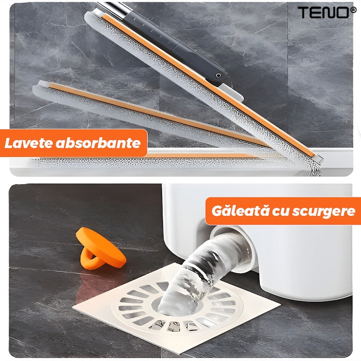 Set Mop si Galeata Teno, galeata dubla, mop plat din inox, alb