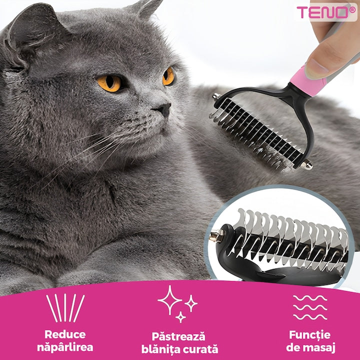 Perie pentru caini si pisici Teno, 2 in 1, anti-naparlire, roz