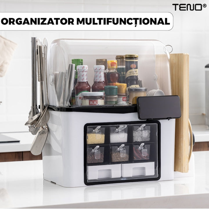 Organizator Multifunctional pentru Bucatarie Teno®, suport sticle, rafturi pentru condimente, cuier pentru ustensile, suport cutite, 46 x 26 x 43 cm, alb