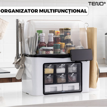 Organizator Multifunctional pentru Bucatarie Teno®, suport sticle, rafturi pentru condimente, cuier pentru ustensile, suport cutite, 46 x 26 x 43 cm, alb