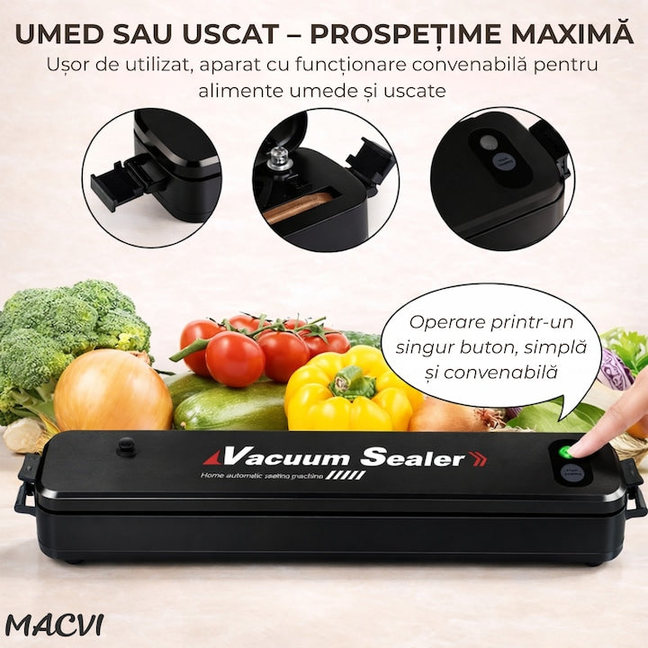Aparat de Vidat Macvi® Alimente 110W cu Functie de Sigilare, Pompa Puternica, Compact si Usor de Utilizat pachetul include 10 Pungi de Vidat