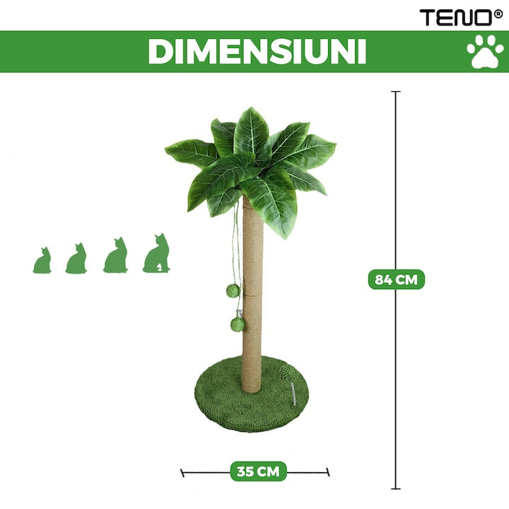 Ansamblu de Joaca pentru Pisici in Forma de Palmier Teno®, tip turn, 1 nivel, franghie si mingiute de joaca, stalpi pentru zgariat, captuseala extra moale, structura stabila, 85 cm, verde