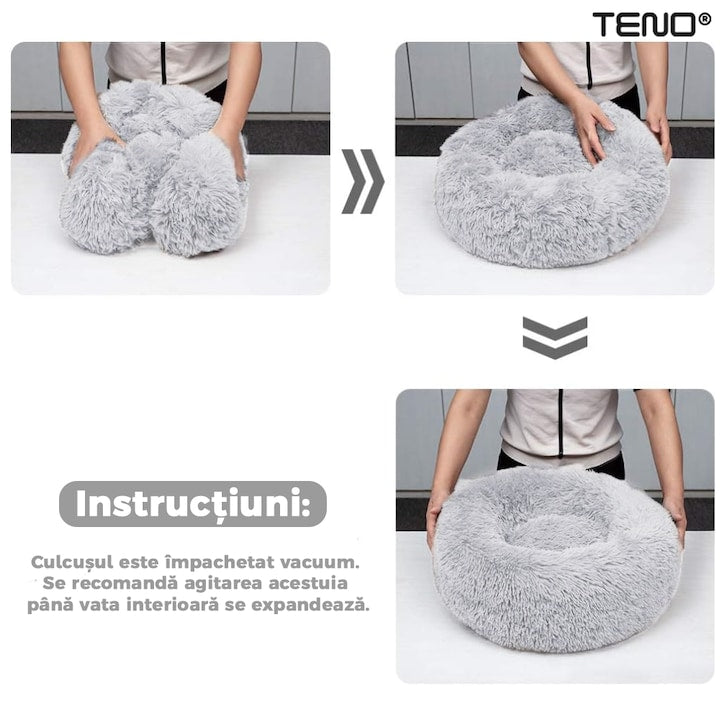 Pat Animale Teno®, captusit, moale, pufos si calduros, pentru caini si pisici, diametru 100cm, baza anti-alunecare, gri
