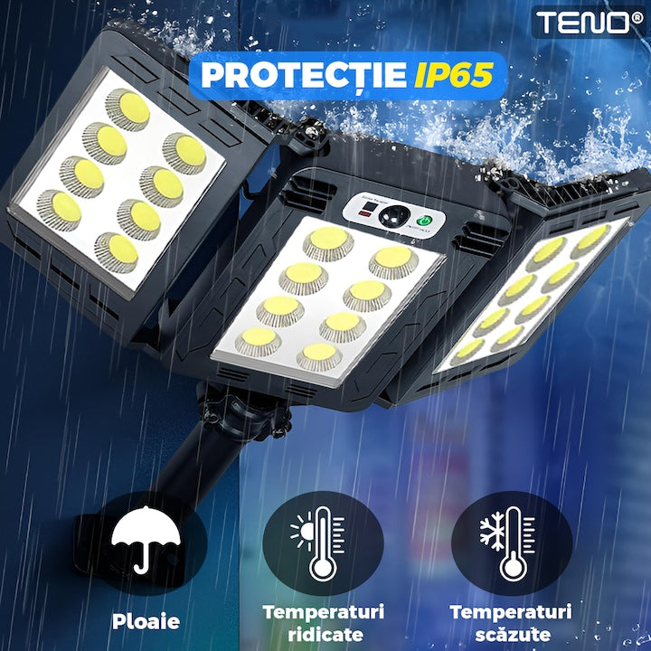 Lampa Solara Stradala 24 LED-uri Teno®, tip bec, 3 capete, control prin telecomanda, senzor de miscare, 3 moduri de iluminare, protectie IP65, Waterproof, exterior, negru