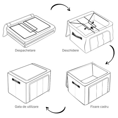 Cutie depozitare Macvi® 66L pliabila din material textil cu fermoar, fereastra transparenta si cadru metalic, organizator incapator pentru haine si articole casnice