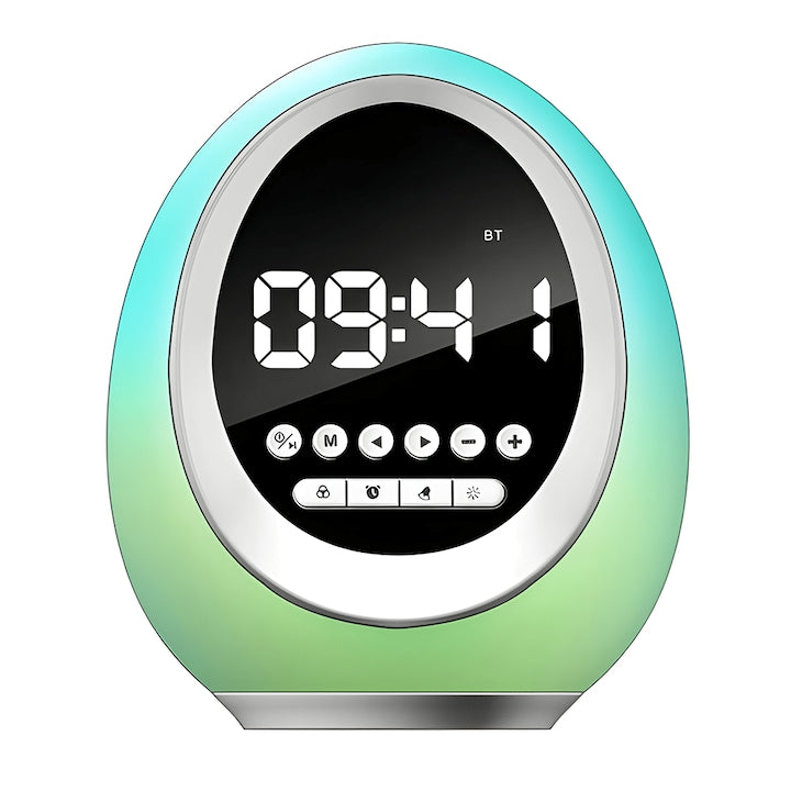 Ceas Desteptator Multifunctional Teno®, Bluetooth, functie de alarma, functie de radio, lumini RGB, autonomie ridicata, oval