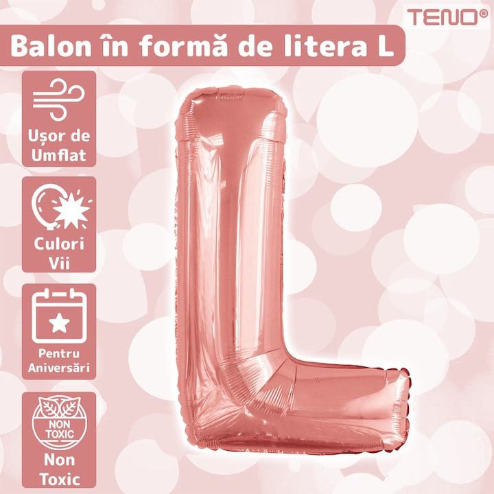 Balon in Forma de Litera L Teno®, metalizat, pentru Petreceri/Aniversari/Evenimente, rezistent, folie, rose gold, 40 cm