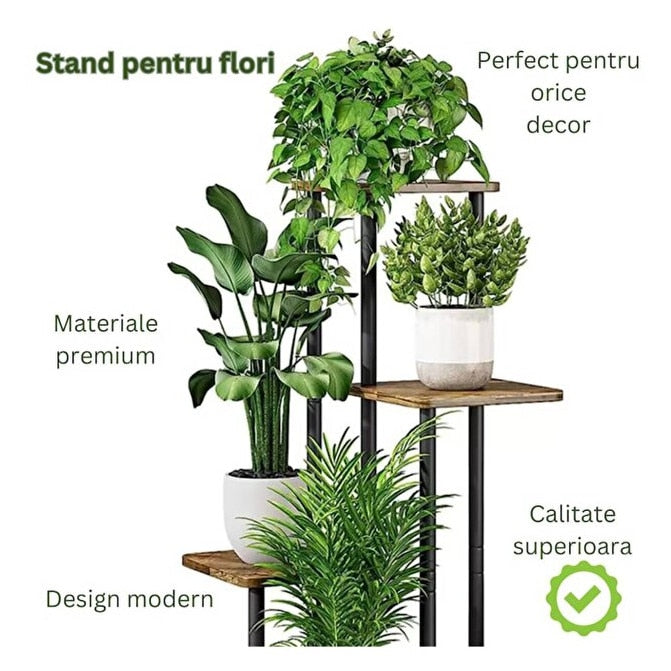 Stand Flori Macvi® Vertical 4 Etajere Metal si Lemn 106.3 cm Suport Ghivece Balcon Terasa