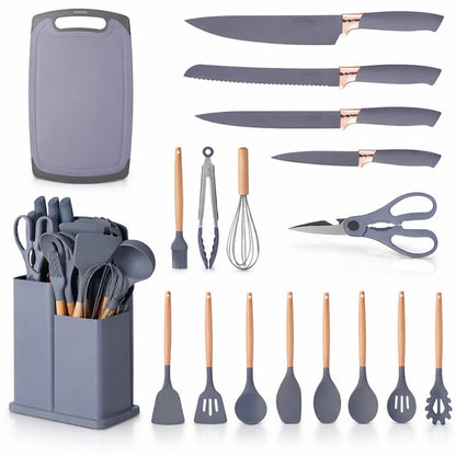 Set Ustensile Bucatarie Macvi® 19 Piese Silicon Termorezistent si Bambus, Cutite Inox, Suport Organizator Compact, Design Gri Elegant