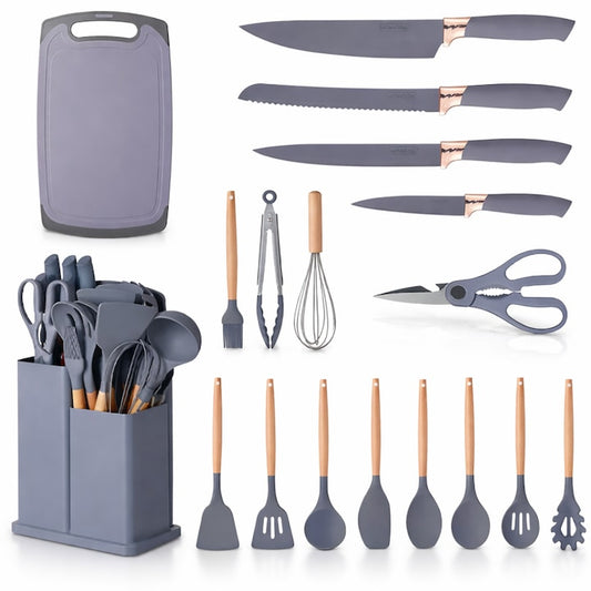 Set Ustensile Bucatarie Macvi® 19 Piese Silicon Termorezistent si Bambus, Cutite Inox, Suport Organizator Compact, Design Gri Elegant