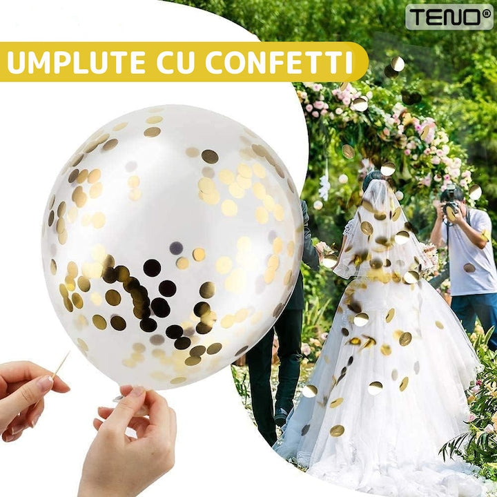 Set 105 Baloane Teno®, Tip Arcada, pentru Petreceri/Aniversari/Evenimente, diverse modele, umplute cu confetti, latex, alb/auriu