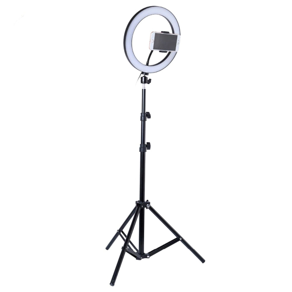 Lampa Circulara Ring Light Teno®, Diametru 56cm/22 Inch, 3 moduri de lumina, 10 trepte reglaj, telecomanda si trepied 210 cm incluse, suport triplu telefon, compatibilitate universala, alb