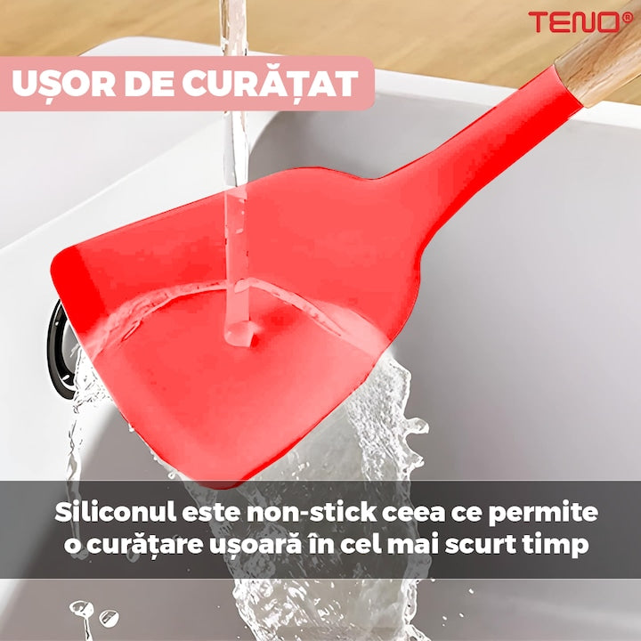 Set Ustensile Bucatarie 12 Piese Silicon Alimentar Teno®, termorezistente, antiaderente, sigure, suport inclus, rosu