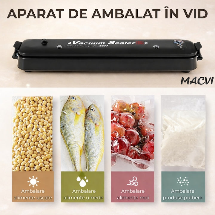 Aparat de Vidat Macvi® Alimente 110W cu Functie de Sigilare, Pompa Puternica, Compact si Usor de Utilizat pachetul include 10 Pungi de Vidat
