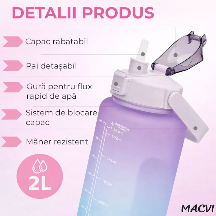 Bidon fitness Macvi® de apa 2L multicolor, plastic PC fara BPA, cu duza, maner si inscriptii motivante, etansa cu garnitura siliconica