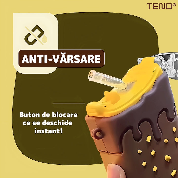 Sticla de Apa pentru Copii Teno®, forma de inghetata cu alune, fara BPA, anti-scurgere, usor de curatat, pai incorporat, pentru copii, 300 ml, maro