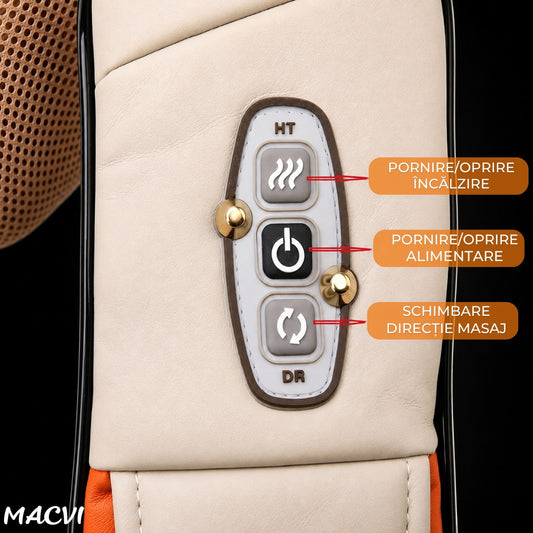 Aparat Masaj Cervical si Umeri Macvi® cu Infrarosu, 8 Noduri Masaj, Incalzire, Rotatie Dubla, 24W, Pentru Gat, Spate si Talie, Bej