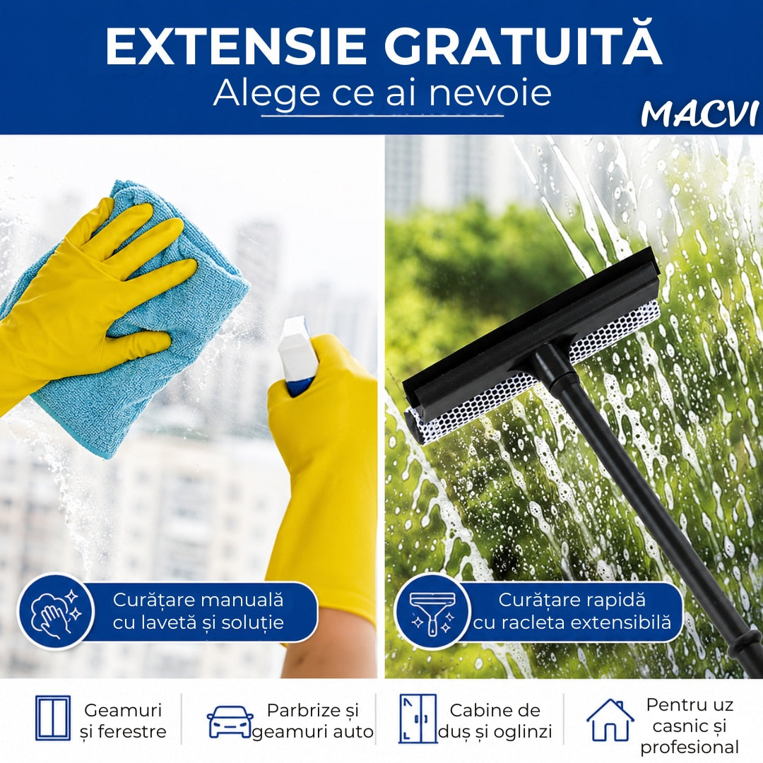 Perie pentru Spalat Geamuri cu Manere Extensibile Macvi® Telescopice din Aluminiu, 120 cm, 2 in 1, Stergator pentru Geamuri