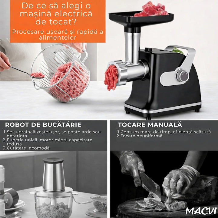 Aparat electric de tocat carne Macvi, inox, 800W, 2 trepte de viteza, negru/alb