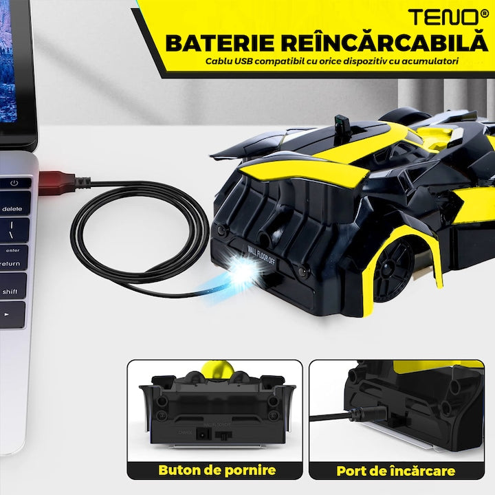 Masinuta Antigravitationala cu Telecomanda Teno®, urcare pe pereti si tavan, compatibila cu orice suprafata, rotire 360 de grade, senzor infrarosu, incarcare cu port USB, telecomanda intuitiva, galben/negru