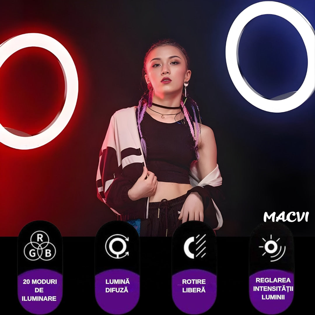 Lampa circulara RGB LED Macvi® 26 cm, 20 moduri de lumina, cu suport de telefon, cablu de incarcare USB si telecomanda inclusa pe fir cu reglare a intensitatii