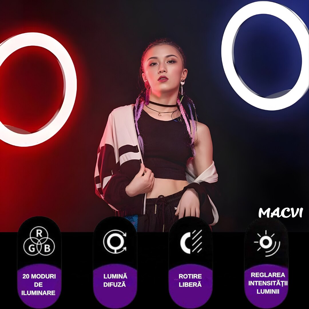 Lampa circulara RGB LED Macvi® 45 cm, 20 moduri de lumina, cu suport de telefon, cablu de incarcare USB si telecomanda inclusa pe fir cu reglare a intensitatii