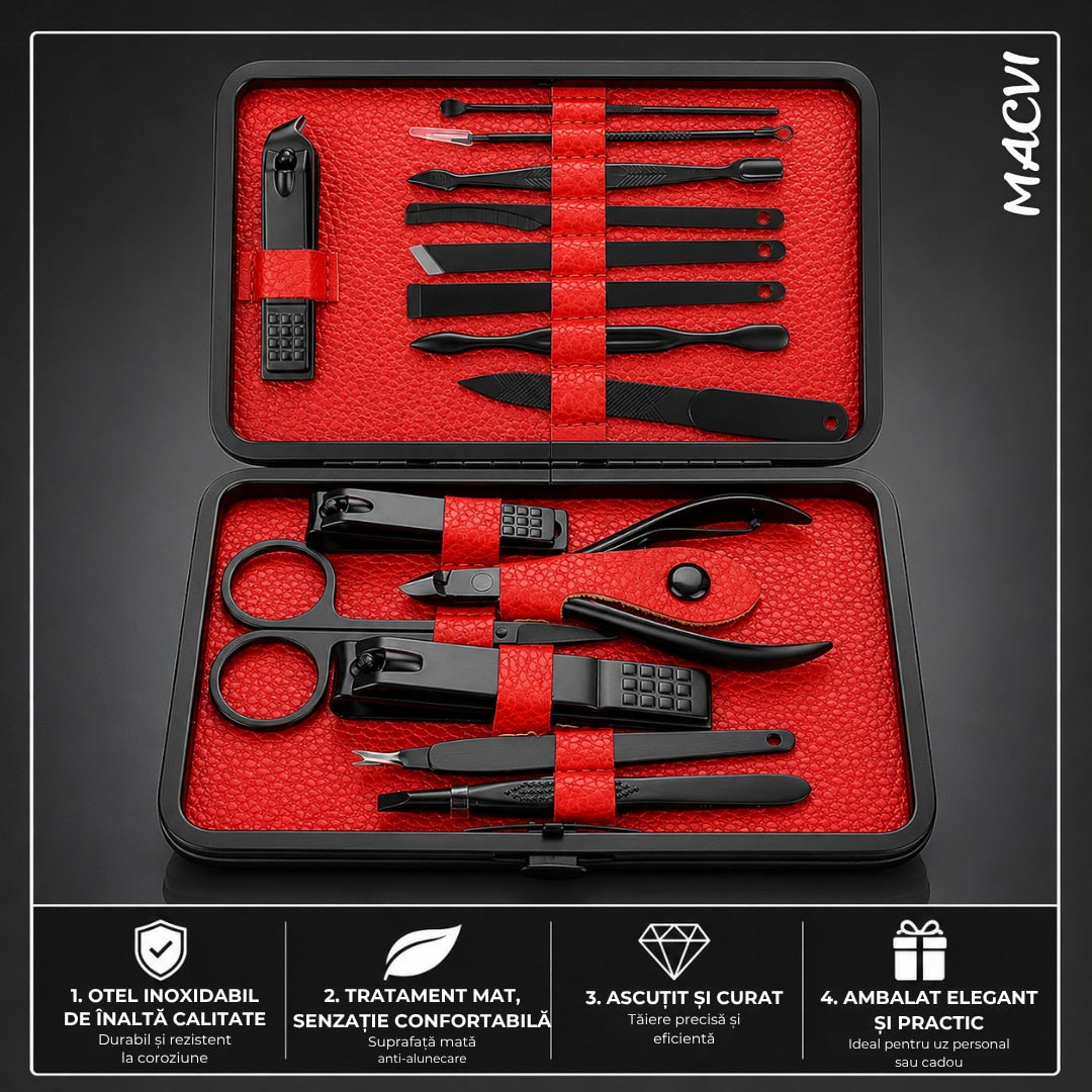 Set manichiura pedichiura Macvi® 15 piese din inox cu husa din piele ecologica si interior de velur sintetic rosu pentru ingrijirea completa a unghiilor