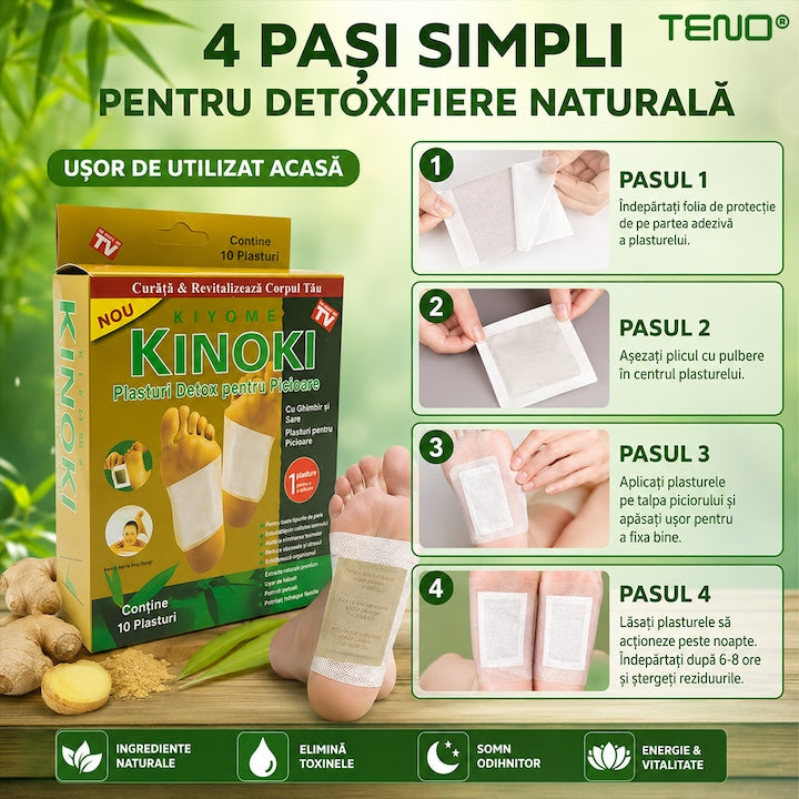 Set 10 de plasturi KINOKI Teno®, pentru detoxifiere, ingrediente naturale, turmeric, imbunatatesc somnul, energizeaza, adezivi, auriu