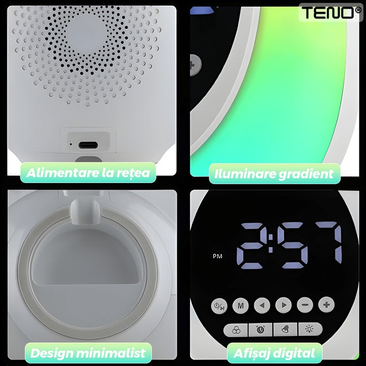 Ceas Desteptator Multifunctional Teno®, Bluetooth, functie de alarma, functie de radio, lumini RGB, autonomie ridicata, oval