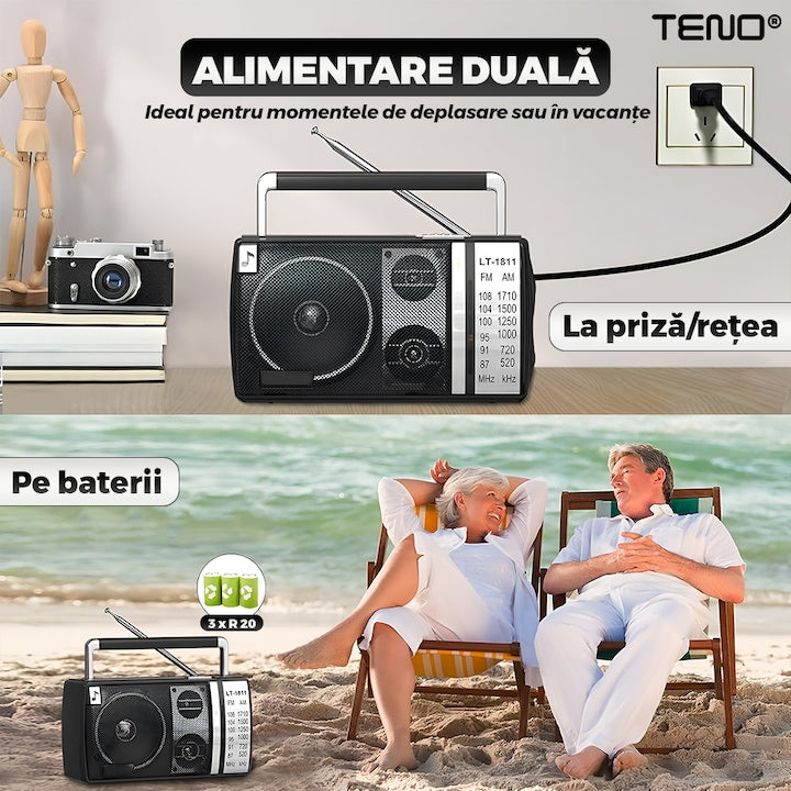 Radio Portabil Teno®, FM/AM, mod dual de alimentare, baterii/la priza, receptie ridicata ce prinde posturi regionale/la sate, port jack 3.5 mm, negru