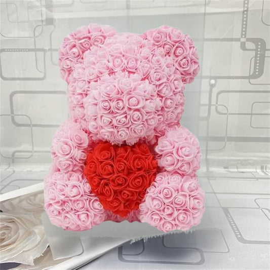 Ursulet Cu Inima Trandafiri Spuma Macvi®, 24 cm, Cutie Cadou Inclusa, Roz, Decor Romantic, Cadou Valentine Aniversare