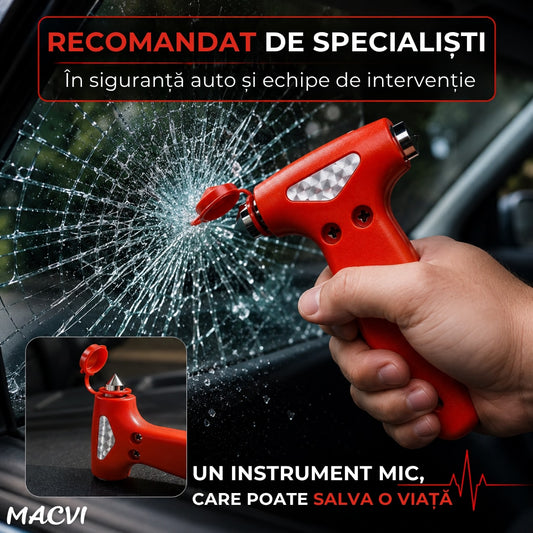 Ciocan Profesional Macvi® pentru Spargerea Geamurilor cu Suport si Cutter pentru Centura