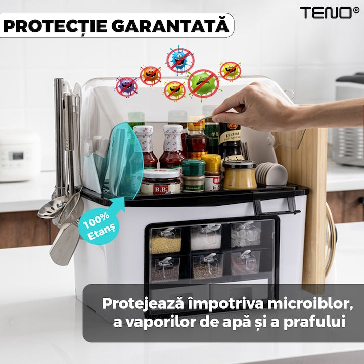 Organizator Multifunctional pentru Bucatarie Teno®, suport sticle, rafturi pentru condimente, cuier pentru ustensile, suport cutite, 46 x 26 x 43 cm, alb