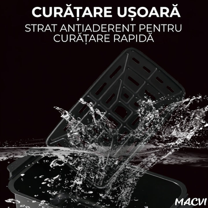 Friteuza cu aer cald digitala 3 in 1 Macvi® fara ulei 12 L 1700W control touch 11 programe LED negru auriu